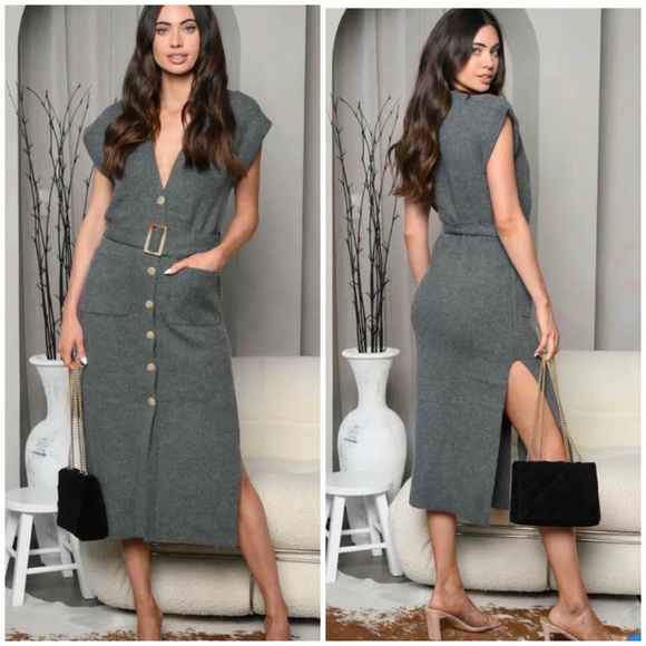 Charcoal Grey ribbed knit sweater dress - Picture 1 of 5